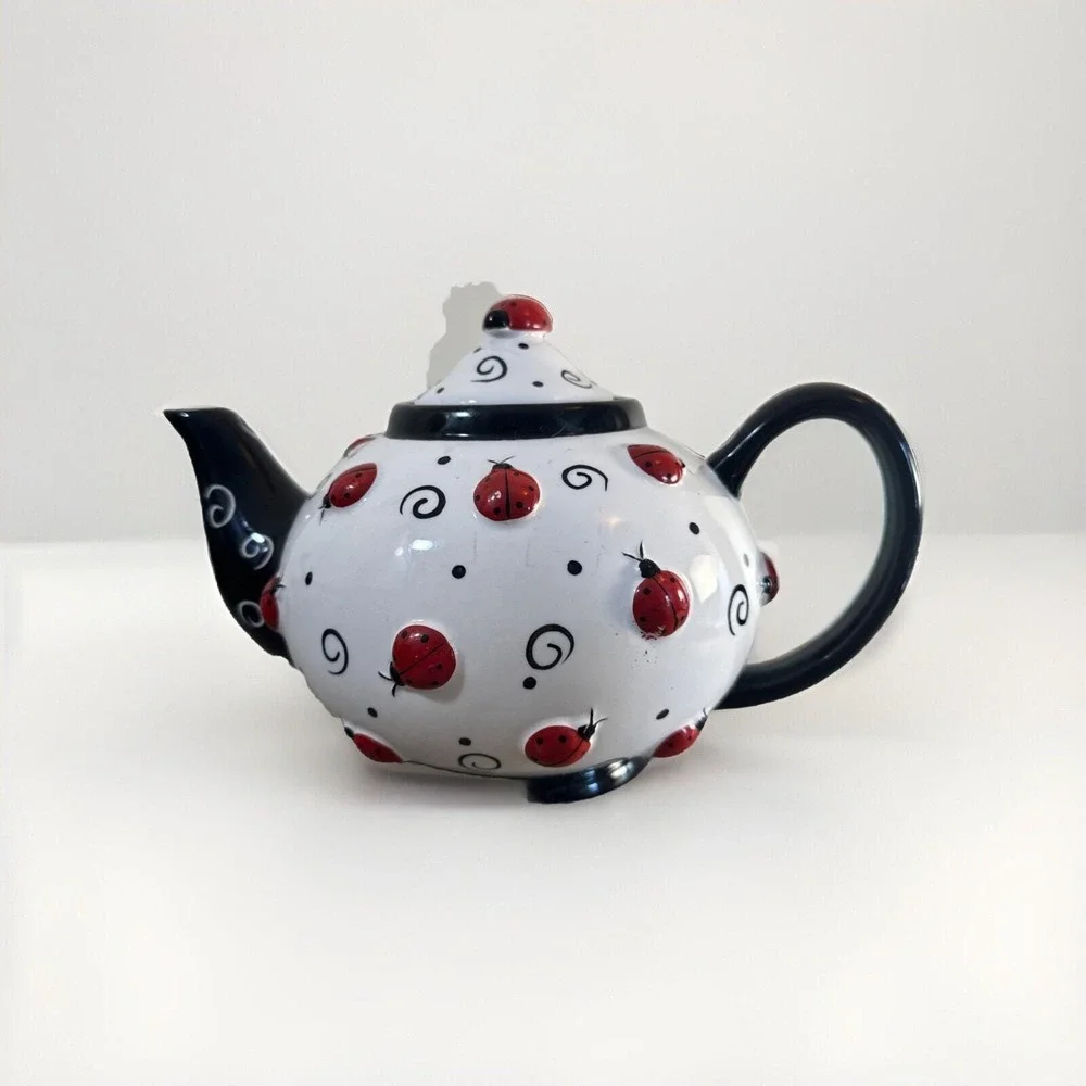 BURTON + BURTON LADYBUG TEAPOT WITH SWIRLS - RED, WHITE AND BLACK - 2005